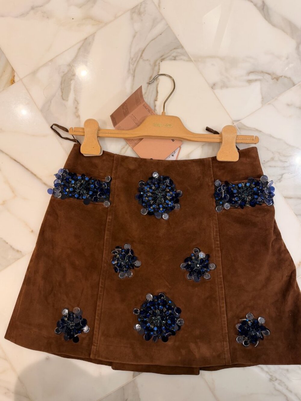 Miu Miu 2015 Cruise Collection Brown Suede Mini Skirt with Embellishments